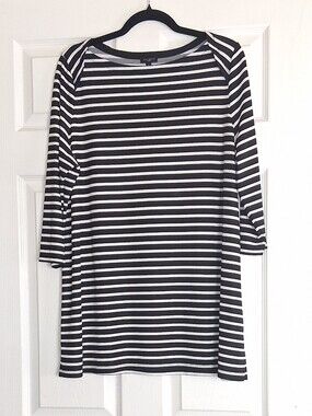 Talbots Black White Striped 3/4 Sleeve Boat Neck Tunic Shirt